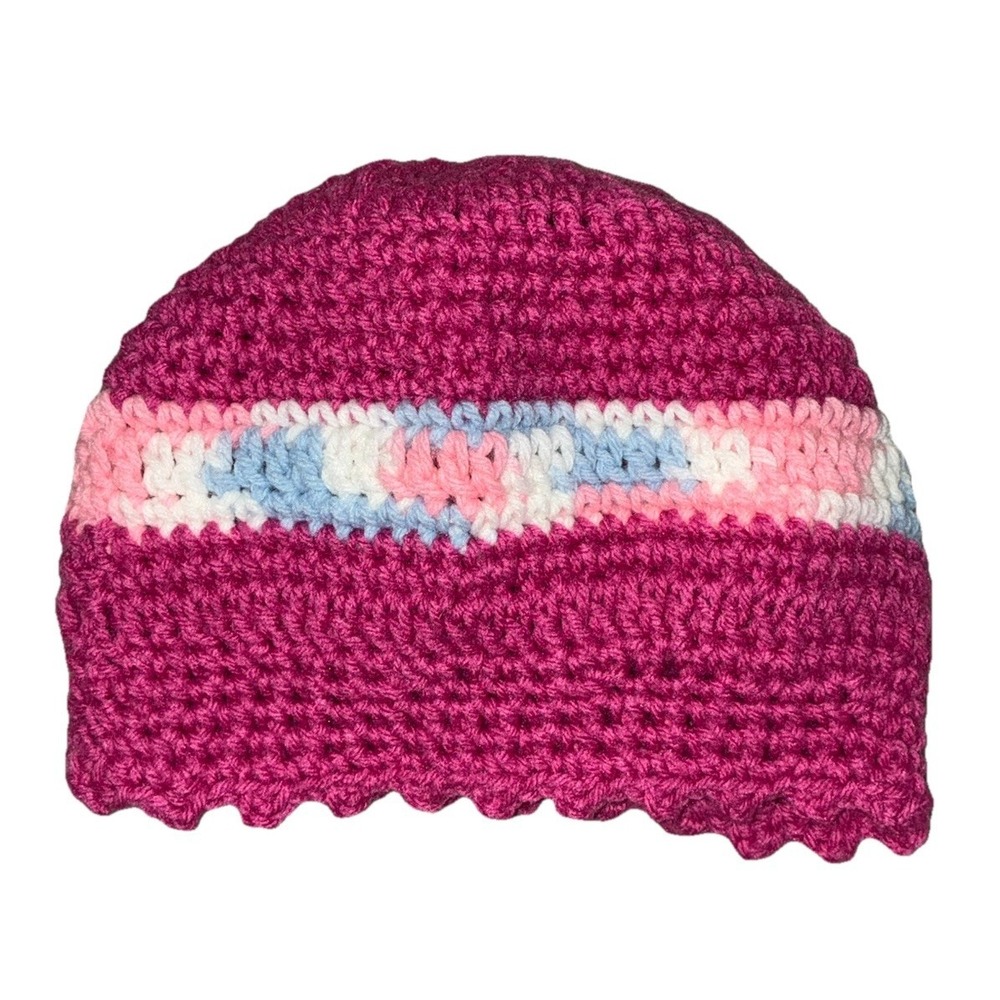 Beanie Hat Women's Pink Crochet Handmade Scalloped Hem‎ One Size NEW